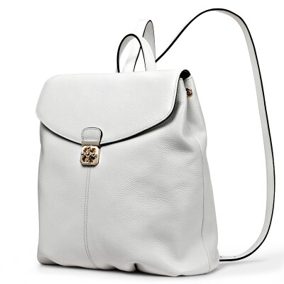 

Flag king (QIWANG) Korean version of the first layer of cowhide ladies backpack soft leather leisure handbags college wind leather leather shoulder bag 8366 white large