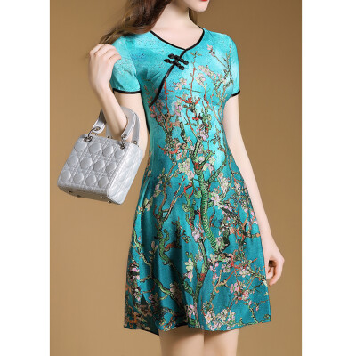 

New Women Summer Silk Skirt Retro cheongsam printing Flower Slim dress Cheongsam