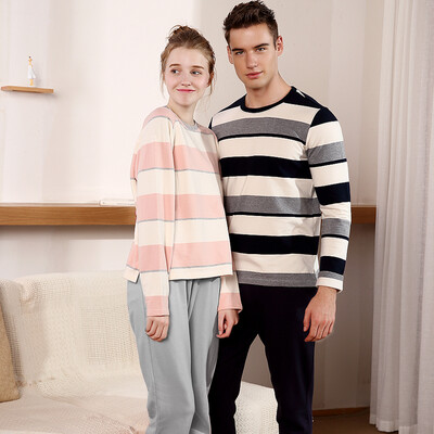 

Red beans home couple pajamas men&women spring&autumn cotton long sleeves wide stripes home service suit 130 pink 165 88A