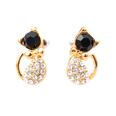 

1 Pair Women Lady Cute Cat Bowknot Rhinestone Ear Stud Earrings Jewelry