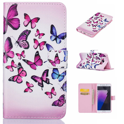 

Pink&blue butterfly Design PU Leather Flip Cover Wallet Card Holder Case for SAMSUNG Galaxy Note7