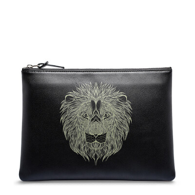 

ULIFE original men handbags fashion personalized hand bag soft head layer leather bag envelope bag zipper paragraph hand bag lion totem S1003U large