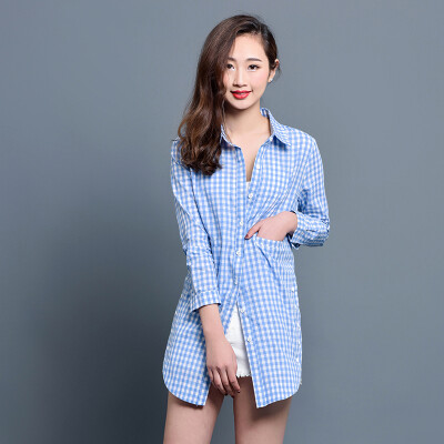 

KuoyiHouse 7006 shirt 2017 spring new plaid shirt female long sleeve loose art long cotton shirt blue white grid