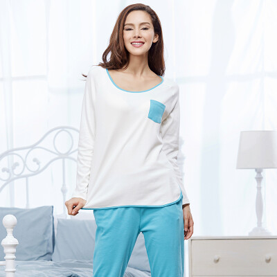 

Jingdong supermarket] Han Choi (HACAI) pajamas women winter cotton long-sleeved solid color in the simple and simple leisure home service suit fish water 175/100