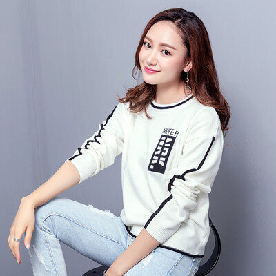 

OUHUAI simple letter female sweater solid color round long sleeve sweater CJ206 white S code