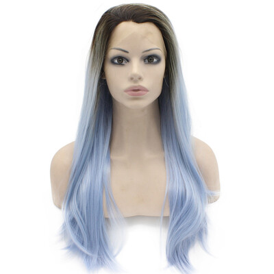 

Iwona Synthetic Hair Lace Front Long Stright Ombre Dark Root Light Blue Two Tone Wig