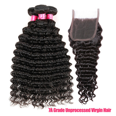 

3 Bundle Brazilian Deep Curly With Closure Virgin Brazilian Deep Wave With Closure Human Hair Bundles With Closure Deep Wave