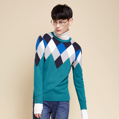 

Semir Men's wide round collar collar Ling Ge geometric jacquard sweater Korean version of the tide 10415071229 gray blue hue 0128 S