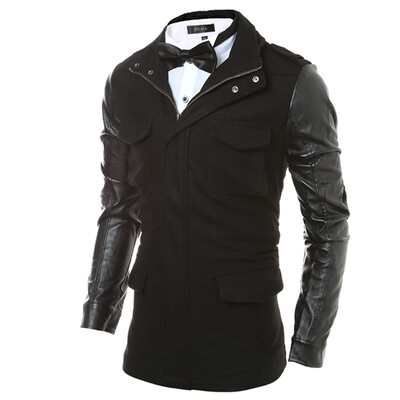 

Winter Men Woolen and Pu Splicing Windbreaker Coat