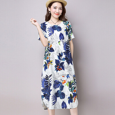 

2 Color M-XXL Plus Size Chinese Style Women Dress Fashion Print Autumn dress Short Mid-Calf O-Neck Loose Dresses