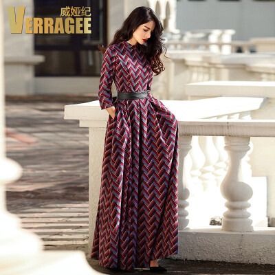 

Wei Ya Ji VERRAGEE2017 early autumn new dress round neck seven sleeves corrugated printing stitching personality was thin dress female