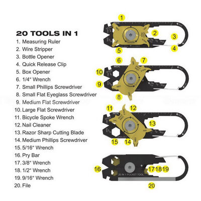

20 In 1 EDC Outdoor Multi Tool Stainless Steel Keychain Key Hanging Bottle Opener Nail Puller Screwdriver