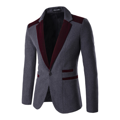 

Men Stitching Color Woolen Suit Jacket One Button Blazer Coat