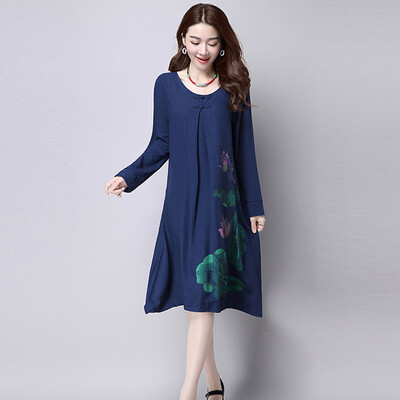 

2 Colors M-XXL Plus Size Women Dress Chinese Style Autumn Dress Fashion Print Full Pockets Loose Dresses for Women