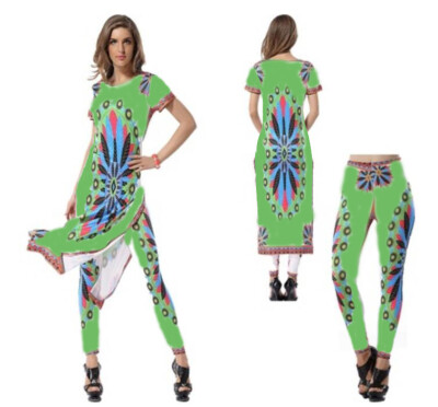 

Women Fashion Suit Long Loose T shirt + Pants Creative Printed Ethnic style