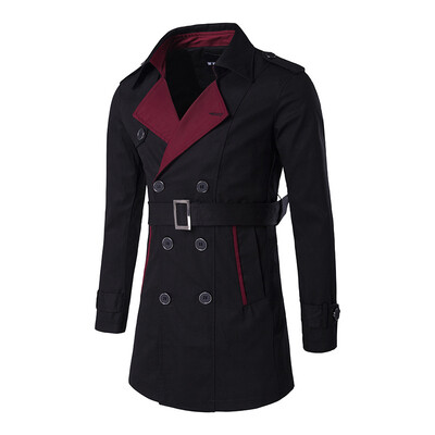 

Men Warm Winter Long Coat Double Breasted Belt Water Fight Color Windbreaker