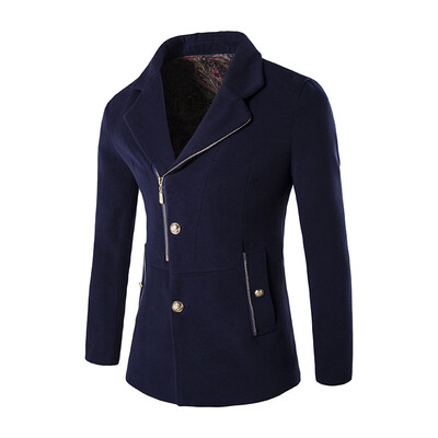 

Winter Men Windbreaker Oblique Zipper Irregular Metal Buckle Woolen Coat Jacket