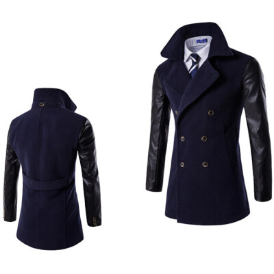 

Winter Men Double-breasted Pu Sleeve Stitching Double Collar Coat