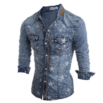 

Men Long Sleeves Star Printing Shirts Casual Denim Shirt