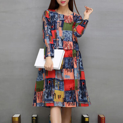 

2016 Autumn Dress Chinese Style Women Dress Fashion Print Full Pockets Knee-Length Loose Dresses For Women