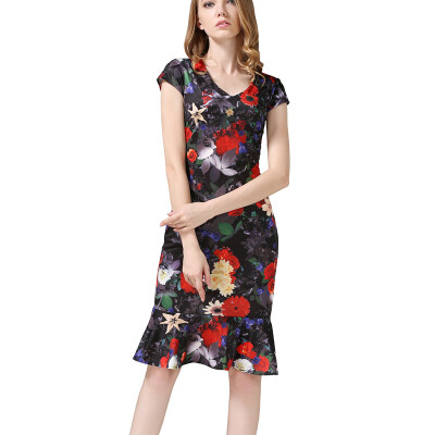 

B&N Women's Cap Sleeve Mermaid Pencil Midi Dress V-neck Floral Bodycon Dress