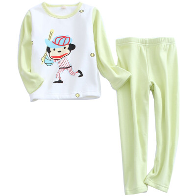 

(KIDS MAM & DAD) children's warm home clothing suit boys and girls plus velvet thickening underwear suit autumn clothes Qiuku 50937 fruit green 130