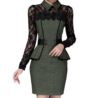 

Fashion Women Woolen and Lace Dress Slim Long Sleeves Wedding Party Dress Evening Dress