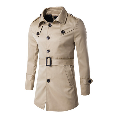 

Men Windbreaker Single-breasted Design Belt Long Lapel Coat
