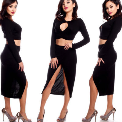 

Fashion Women Sexy Dresses Long Sleeves Dress Slim Hip Package Split Dress Ttwo Piece