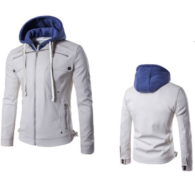 

Winter Men Removable Hooded Fake Two Pu Hoodie Coat