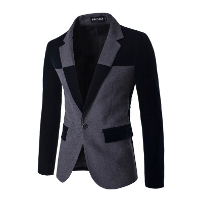 

Korean Mens Blazer Stitching Color Woolen Coat One Button Suit