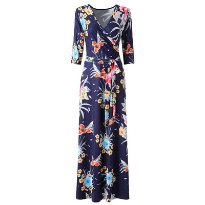 

Floral Print Womne Long Dresses 2016 Autumn Dress 5 Colors With Sashes Elegant Maxi Dresses 80%Polyester 20%Cotton