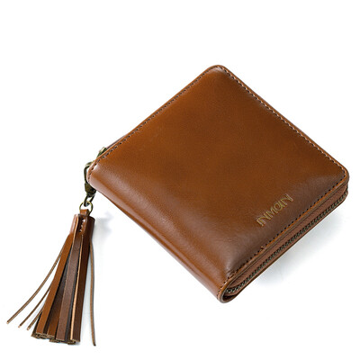 

Yin Man cowhide wallet simple retro solid color tassel short paragraph zipper change money folder holding bag oil wax leather wallet card package 8541740001 dark red