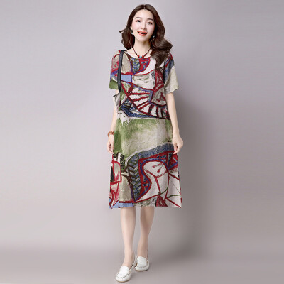 

2 Colors Chinese Style Dress For Women Fashion Print A-Line Autumn Dress Knee-Length O-Neck Women Dresses