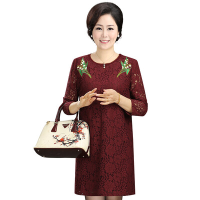 

Fermatma 2017 autumn dress in the elderly women&39s embroidery lace dress my mother loaded autumn T711T40022 wine red 2XL