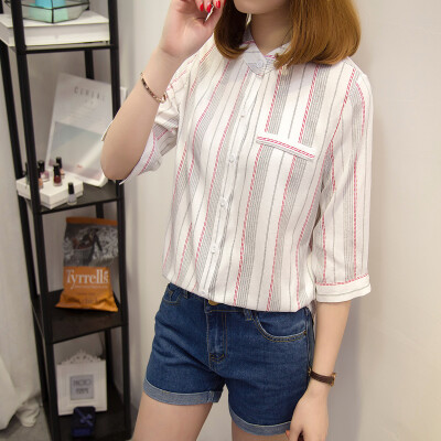 

VIVAHEART Korean casual fashion stripes cotton and linen shirt blouse VWCD174141 black striped