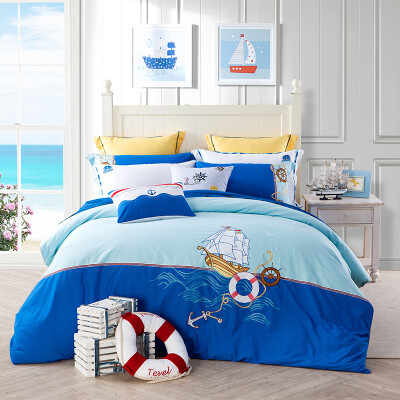 

【Jingdong Supermarket】 Tang Bedding Home Textiles Children's Cotton Embroidery Cartoon Four-piece Set of Simple Bed Sheets Adventure Ocean Blue 1.8m Bed 220 * 240cm