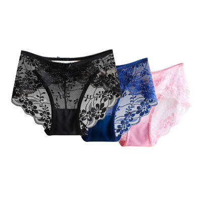 

The United States&Ya Ting 3 ladies underwear no trace of light sexy sexy hollow lace comfortable cotton crotch underwear female black dark blue light powder L code