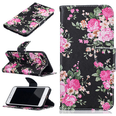 

Black flowers Design PU Leather Flip Cover Wallet Card Holder Case for IPHONE 7 PLUS