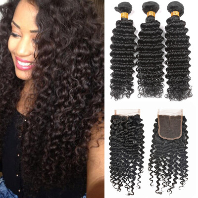 

Bling Hair Brazilian Virgin Hair Deep Wave 3 Bundles with Closure 7A Grade 100% Unprocessed Human Hair Weave