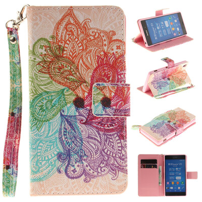 

Colorful flowers Design PU Leather Flip Cover Wallet Card Holder Case for SONY Xperia Z3