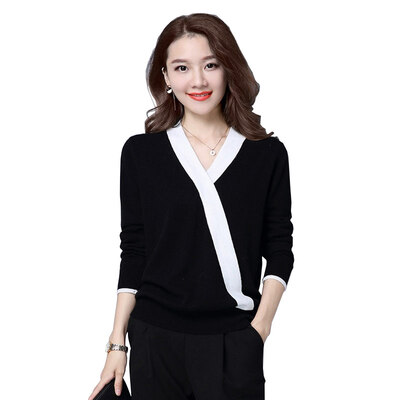 

Fu Bixian FUBIXIAN sweater Slim bottoming shirt Korean version of the sweater hit color shirt women D6176 black XXL