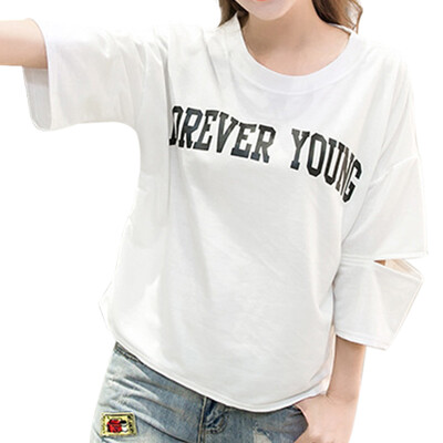 

Long Yue Women&39s letter round neck loose sleeves t-shirt simple fashion hole wild jacket LWTC172112 white uniform