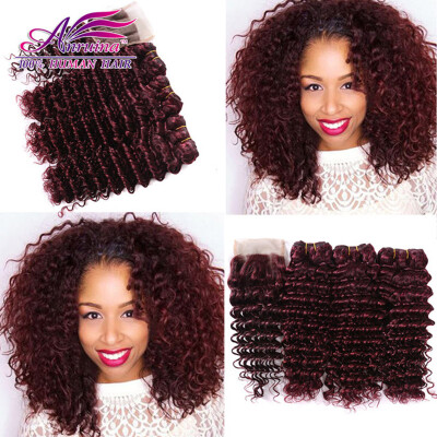 

Virgin Peruvian Deep Wave With Closure 99J Red Hair Bundles With Lace Closures Human Hair Weaves 3 Bundles With Closure