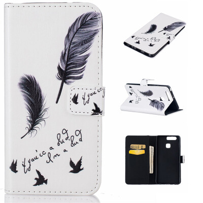 

Black plumes Design PU Leather Flip Cover Wallet Card Holder Case for HUAWEI P9