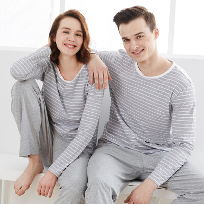 

Small nurse pajamas home service men&women cotton round neck stripes couple pajamas home service suit XXT006 comfortable breathable female - gray strip  16595