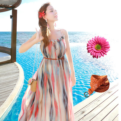 

KuoyiHouse 7887 Dress 2017 Summer New Striped Print Sling Beach Skirt Bohemian Seaside Chiffon One Piece Dresses