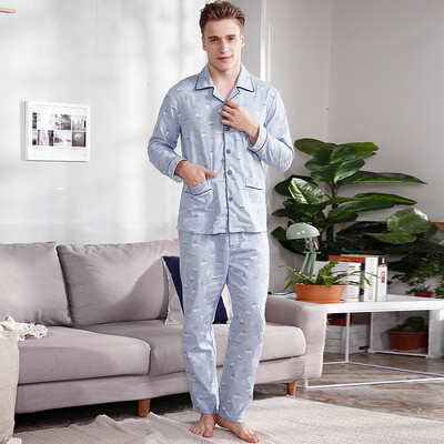 

Red beans home couple pajamas men&women spring&summer cotton long-sleeved cartoon printing cardigan home clothing suit 413 blue 180 100A