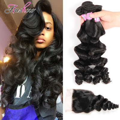 

Aushow Hair Malaysian Loose Wave 4 Bundles with Closure 8A Grade Virgin Unprocessed Human Hair Bundles with Lace Closure