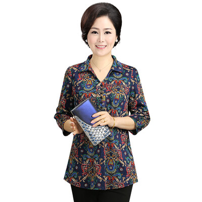 

Fama Ma 2017 spring ladies T-shirt middle-aged woman seven-point sleeve T-shirt mother loaded fashion printing shirt T710T10038 blue L
